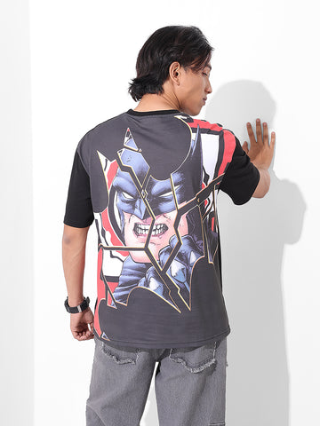 Men's Black Boxy Fit Character Batman Printed Crew Neck T-Shirt