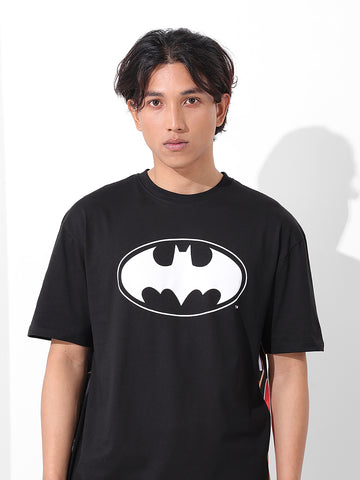 Men's Black Boxy Fit Character Batman Printed Crew Neck T-Shirt