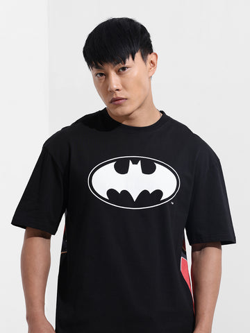 Men's Black Boxy Fit Character Batman Printed Crew Neck T-Shirt