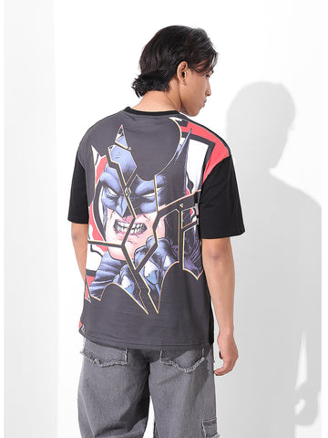 Men's Black Boxy Fit Character Batman Printed Crew Neck T-Shirt
