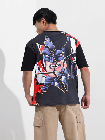 Men's Black Boxy Fit Character Batman Printed Crew Neck T-Shirt