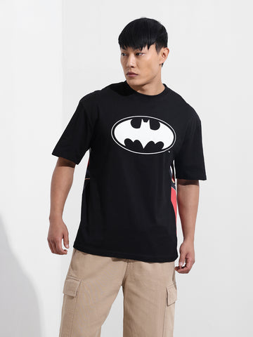 Men's Black Boxy Fit Character Batman Printed Crew Neck T-Shirt