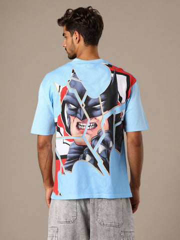Men's Blue Boxy Fit Character Batman Printed Crew Neck T-Shirt