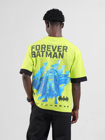 Men's Green Oversized Fit Character Batman Printed Crew Neck T-Shirt