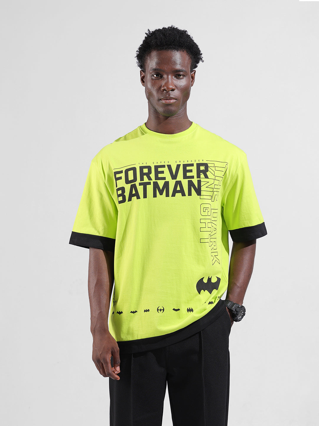 Men's Green Oversized Fit Character Batman Printed Crew Neck T-Shirt