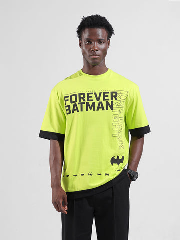 Men's Green Oversized Fit Character Batman Printed Crew Neck T-Shirt