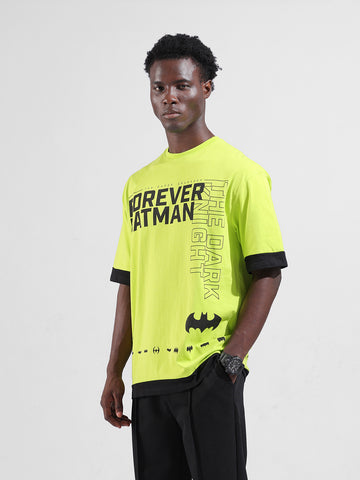 Men's Green Oversized Fit Character Batman Printed Crew Neck T-Shirt