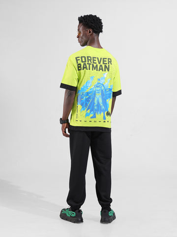 Men's Green Oversized Fit Character Batman Printed Crew Neck T-Shirt
