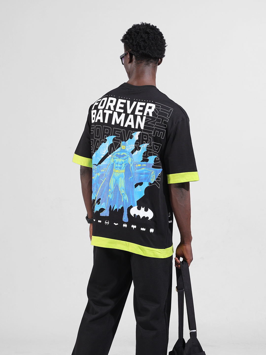 Men's Black Oversized Fit Character Batman Printed Crew Neck T-Shirt
