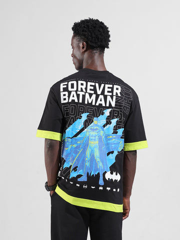 Men's Black Oversized Fit Character Batman Printed Crew Neck T-Shirt