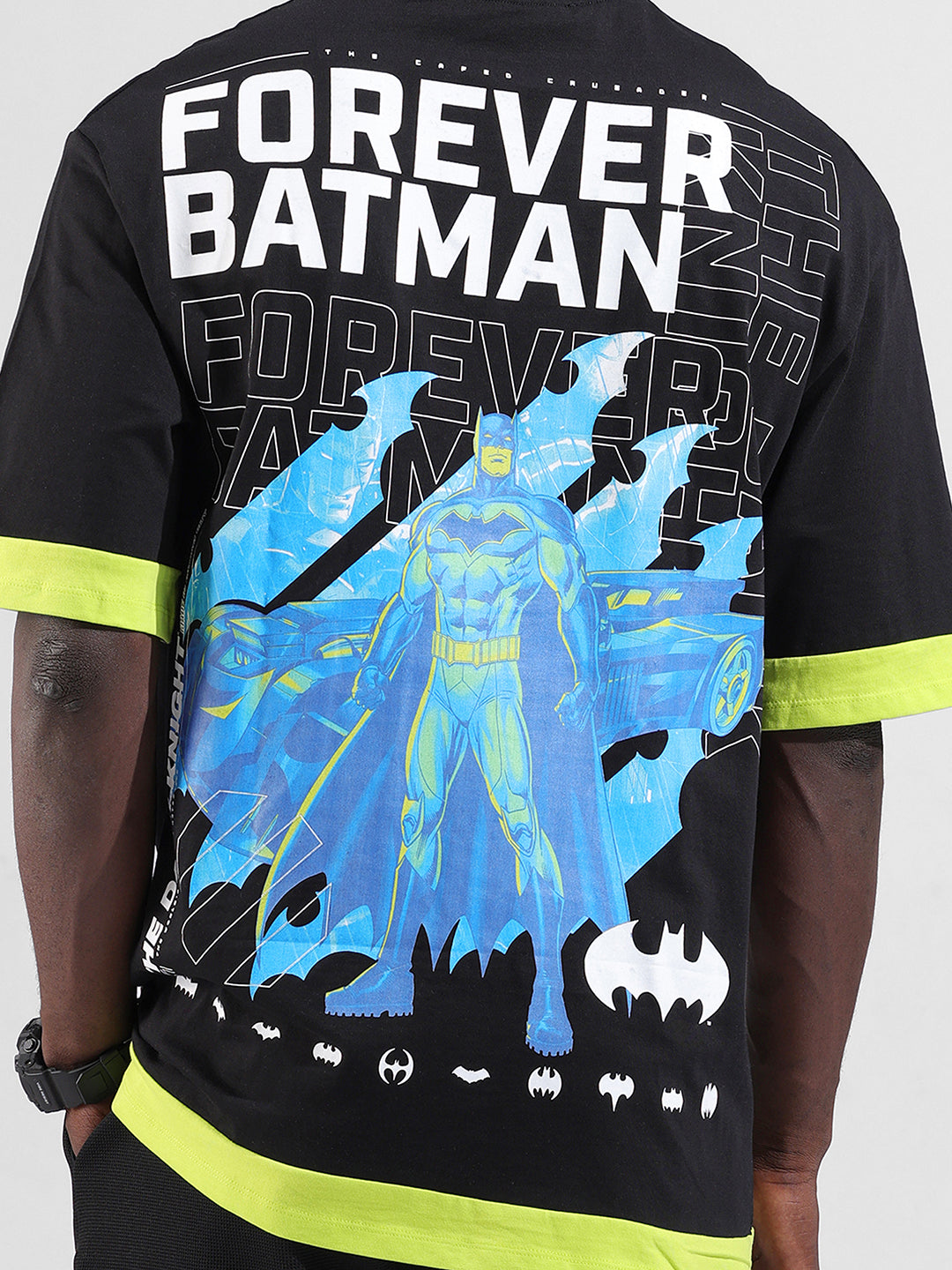 Men's Black Oversized Fit Character Batman Printed Crew Neck T-Shirt