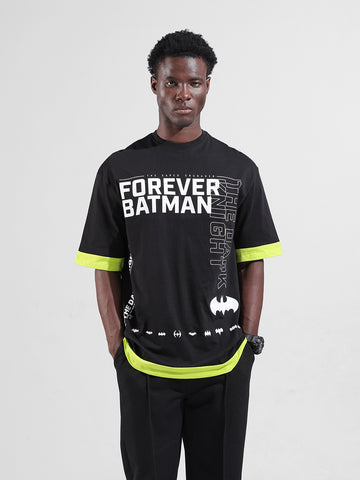 Men's Black Oversized Fit Character Batman Printed Crew Neck T-Shirt