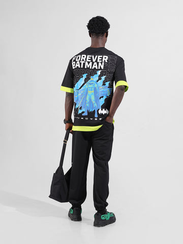 Men's Black Oversized Fit Character Batman Printed Crew Neck T-Shirt