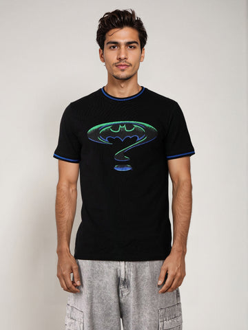 Men's Black Slim Fit Character Batman Printed Crew Neck T-Shirt