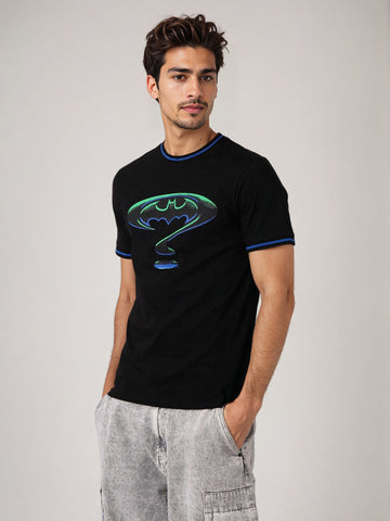 Men's Black Slim Fit Character Batman Printed Crew Neck T-Shirt