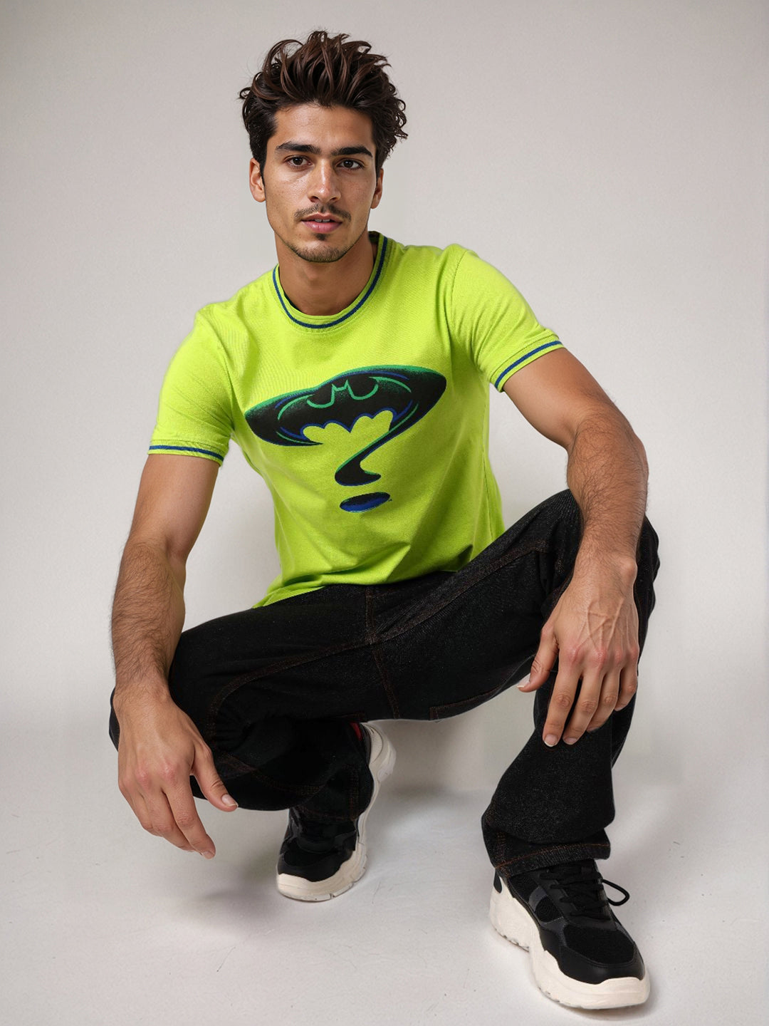 Men's Green Slim Fit Character Batman Printed Crew Neck T-Shirt