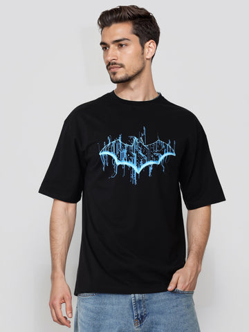 Men's Black Boxy Fit Character Biker Printed T-Shirt