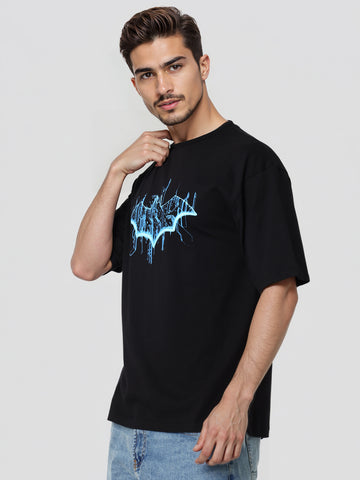Men's Black Boxy Fit Character Biker Printed T-Shirt