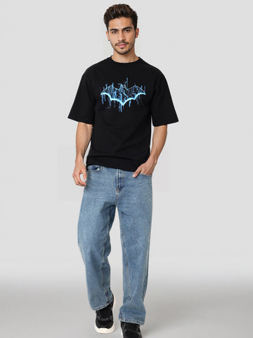 Men's Black Boxy Fit Character Biker Printed T-Shirt