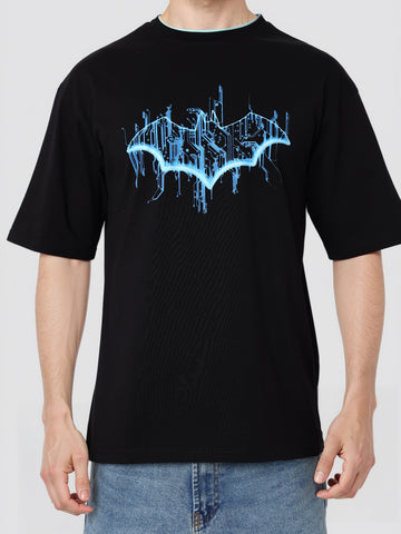 Men's Black Boxy Fit Character Biker Printed T-Shirt