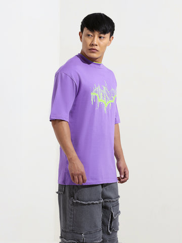 Men's Purple Boxy Fit Character Batman Printed Crew Neck T-Shirt