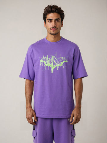Men's Purple Boxy Fit Character Batman Printed Crew Neck T-Shirt