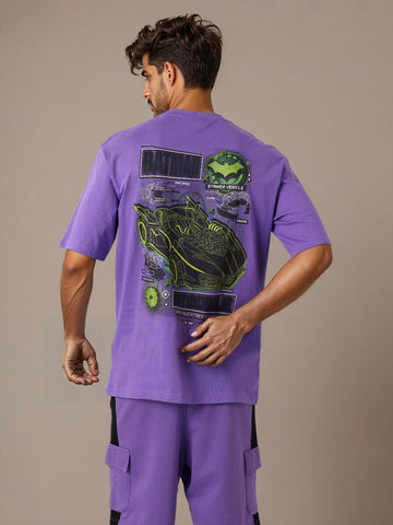 Men's Purple Boxy Fit Character Batman Printed Crew Neck T-Shirt
