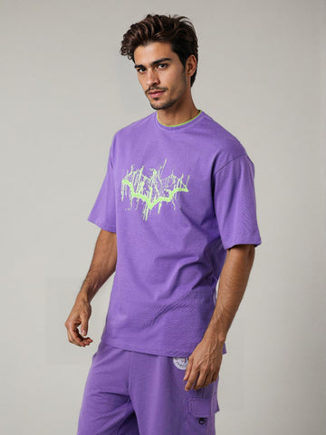Men's Purple Boxy Fit Character Batman Printed Crew Neck T-Shirt