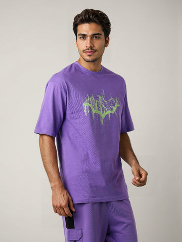 Men's Purple Boxy Fit Character Batman Printed Crew Neck T-Shirt