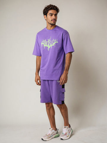 Men's Purple Boxy Fit Character Batman Printed Crew Neck T-Shirt