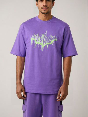 Men's Purple Boxy Fit Character Batman Printed Crew Neck T-Shirt