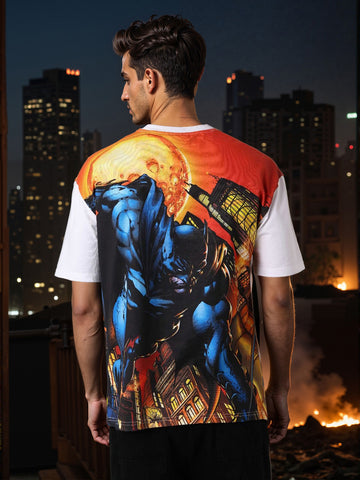 Men's White Boxy Fit Character Batman Printed Crew Neck T-Shirt