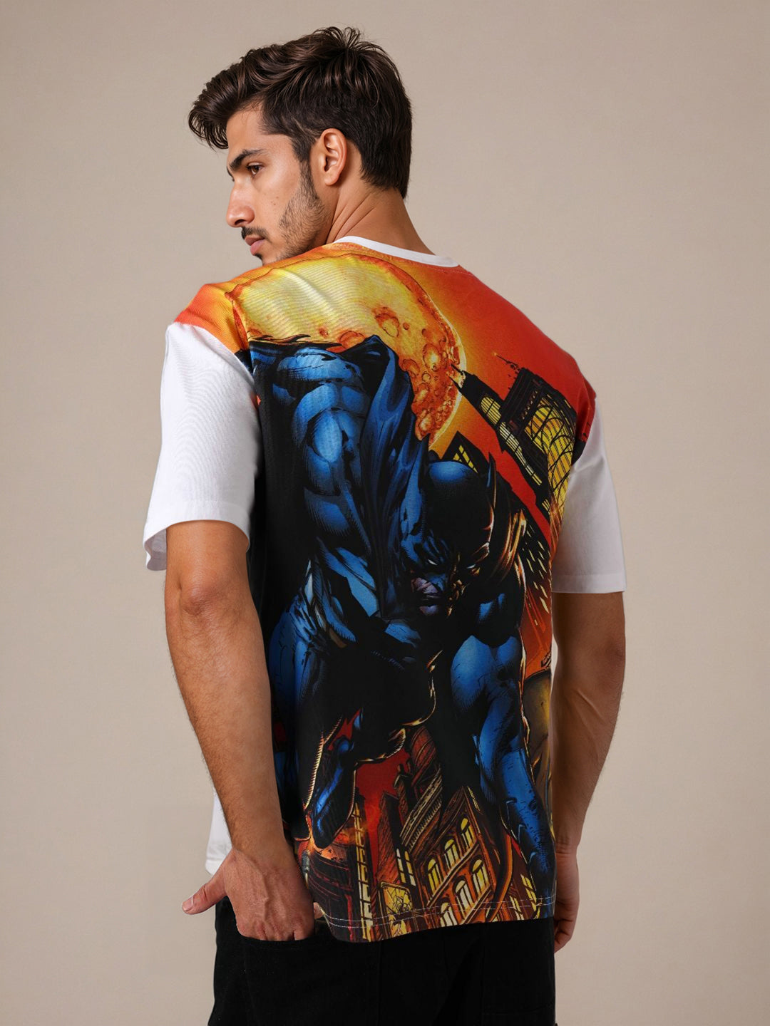 Men's White Boxy Fit Character Batman Printed Crew Neck T-Shirt