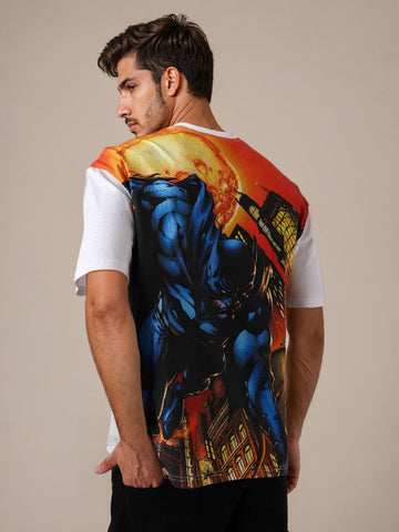 Men's White Boxy Fit Character Batman Printed Crew Neck T-Shirt