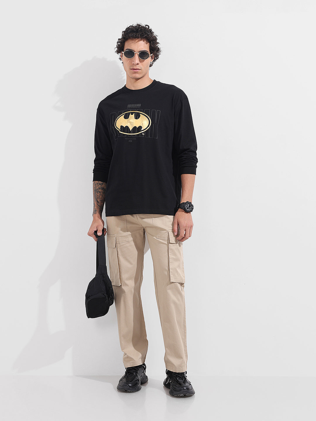 Men's Black Oversized Fit Character Batman Character T-Shirt