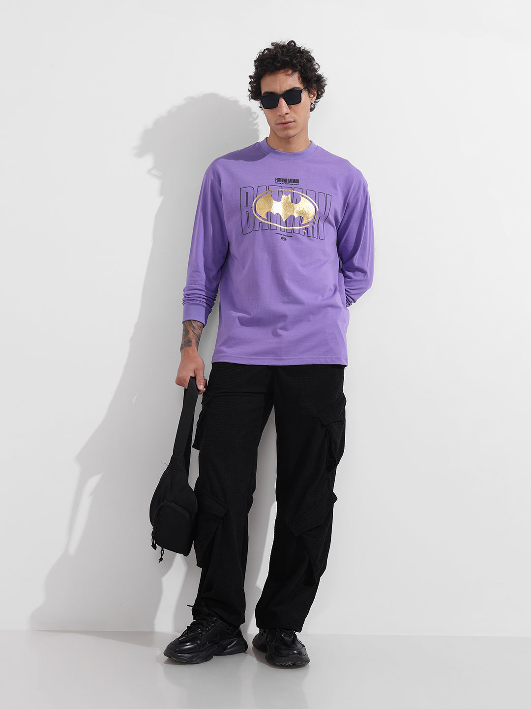 Men's Purple Oversized Fit Character Batman Character T-Shirt