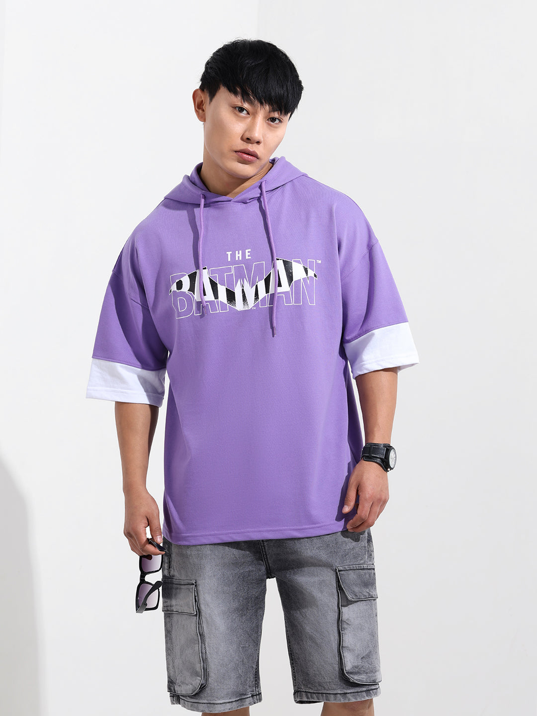 Men's Purple Oversized Fit Character Batman Printed Sweatshirt