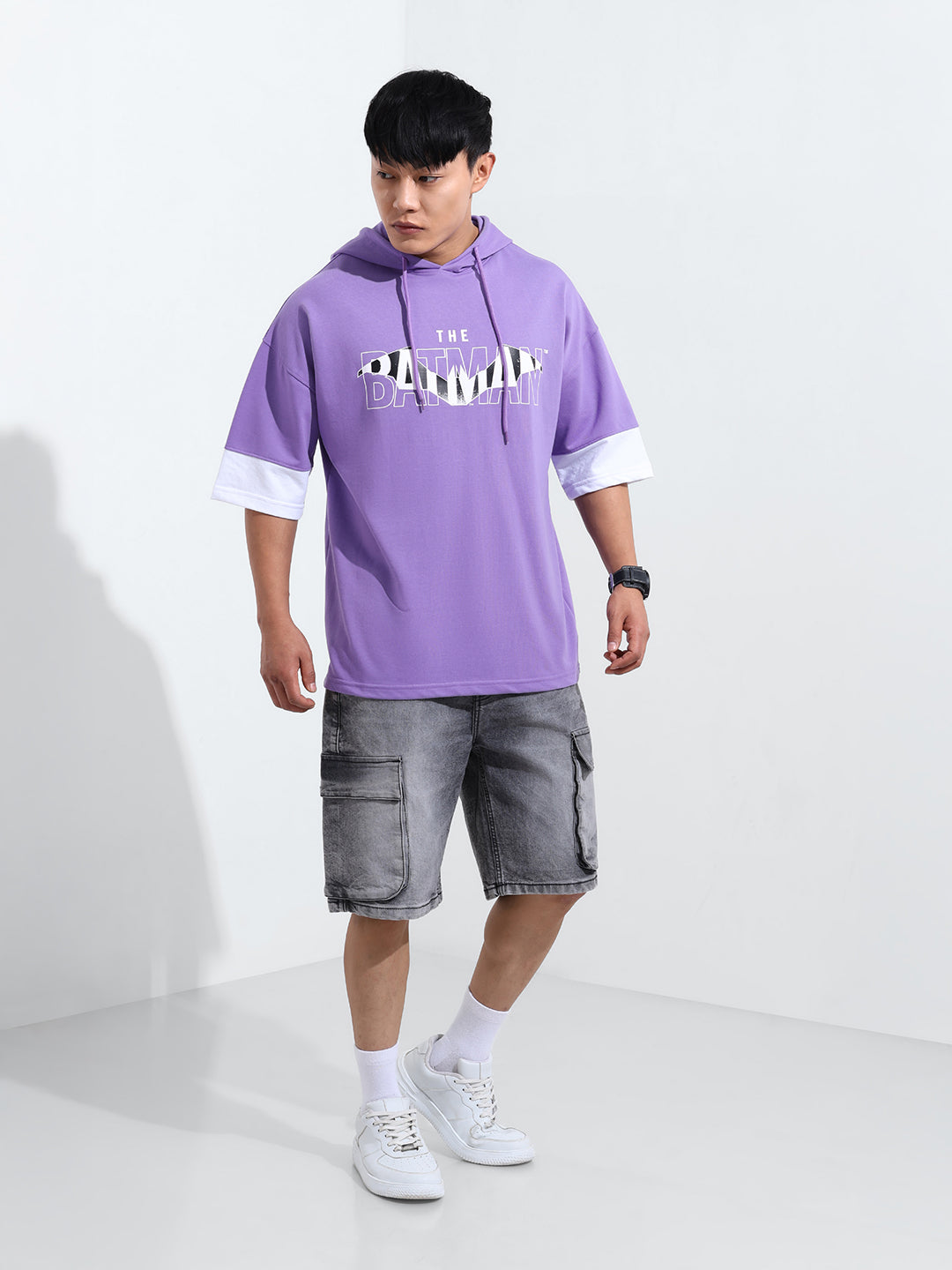 Men's Purple Oversized Fit Character Batman Printed Sweatshirt