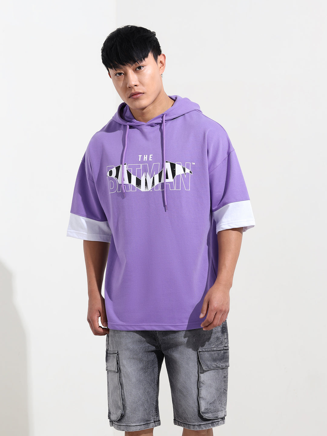 Men's Purple Oversized Fit Character Batman Printed Sweatshirt