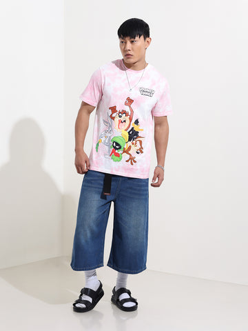 Men's Pink Slim Fit Printed Looney Tunes  Crew Neck T-Shirt