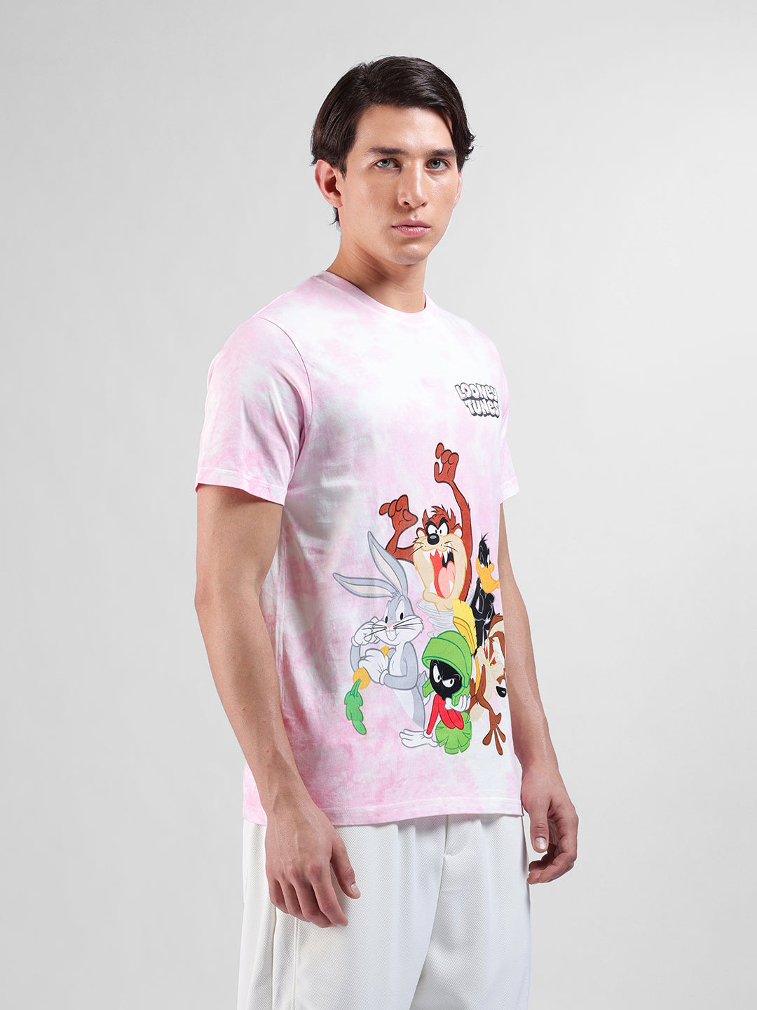 Men's Pink Slim Fit Printed Looney Tunes  Crew Neck T-Shirt