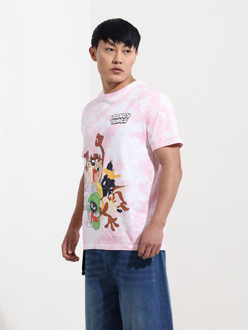 Men's Pink Slim Fit Printed Looney Tunes  Crew Neck T-Shirt