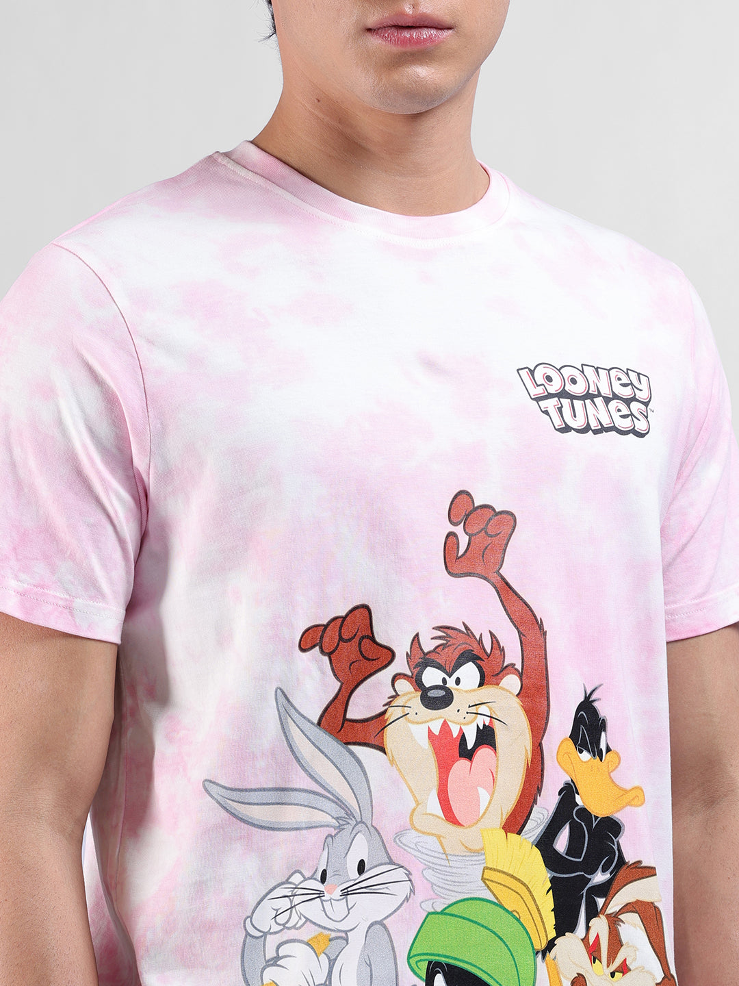 Men's Pink Slim Fit Printed Looney Tunes  Crew Neck T-Shirt