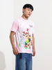 Men's Pink Slim Fit Printed Looney Tunes  Crew Neck T-Shirt