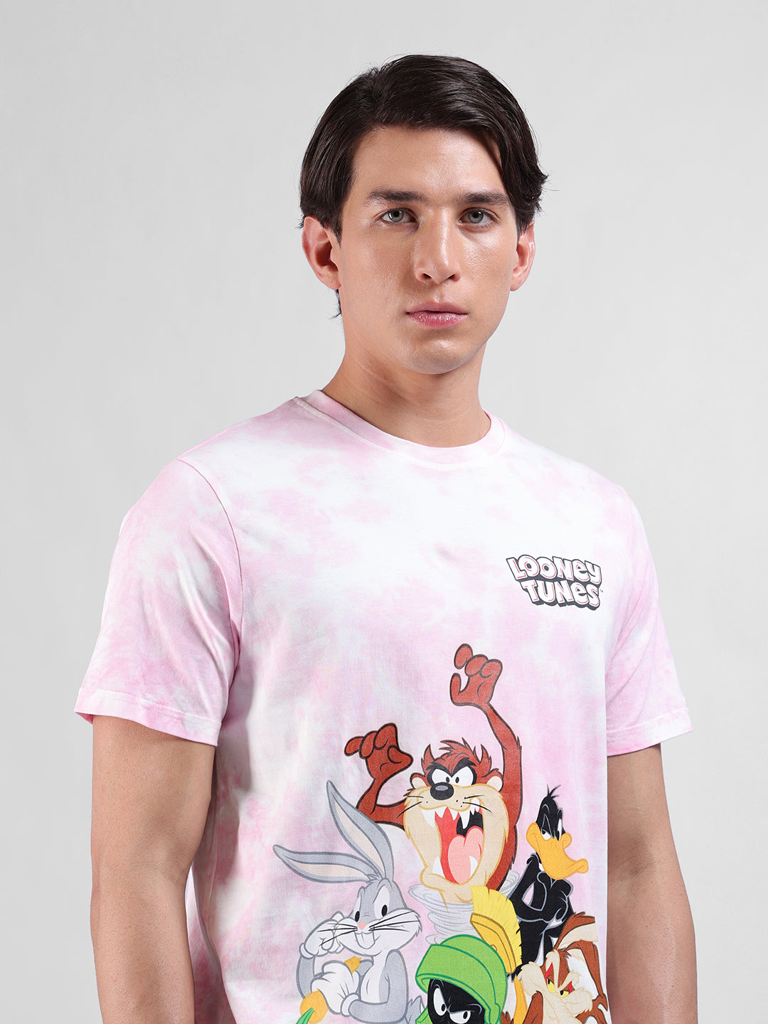 Men's Pink Slim Fit Printed Looney Tunes  Crew Neck T-Shirt