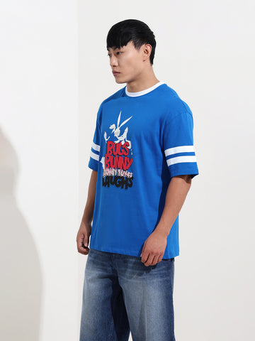 Men's Blue Boxy Fit Character Bugs Bunny Printed Crew Neck T-Shirt