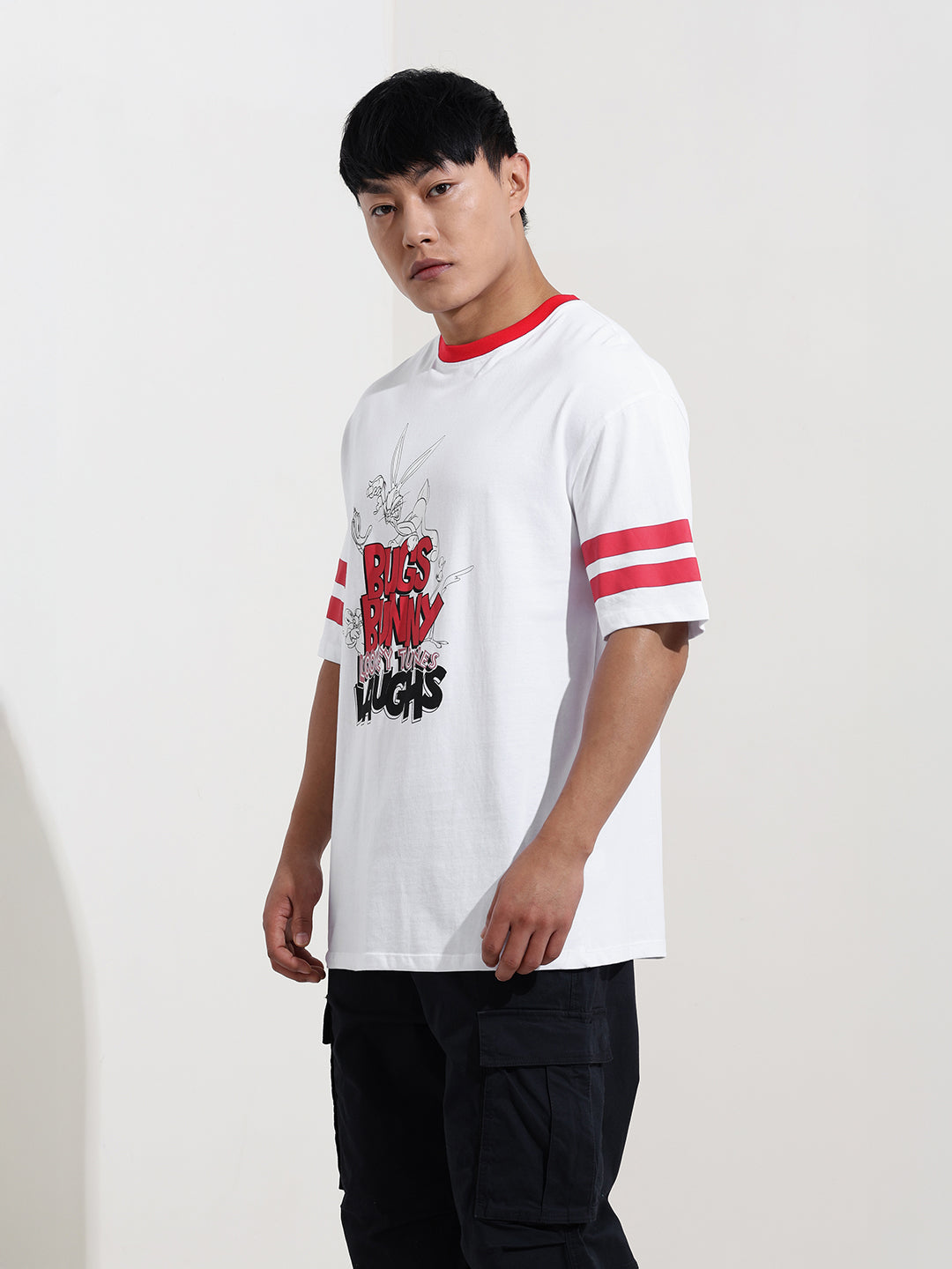 Men's White Boxy Fit Character Bugs Bunny Printed Crew Neck T-Shirt