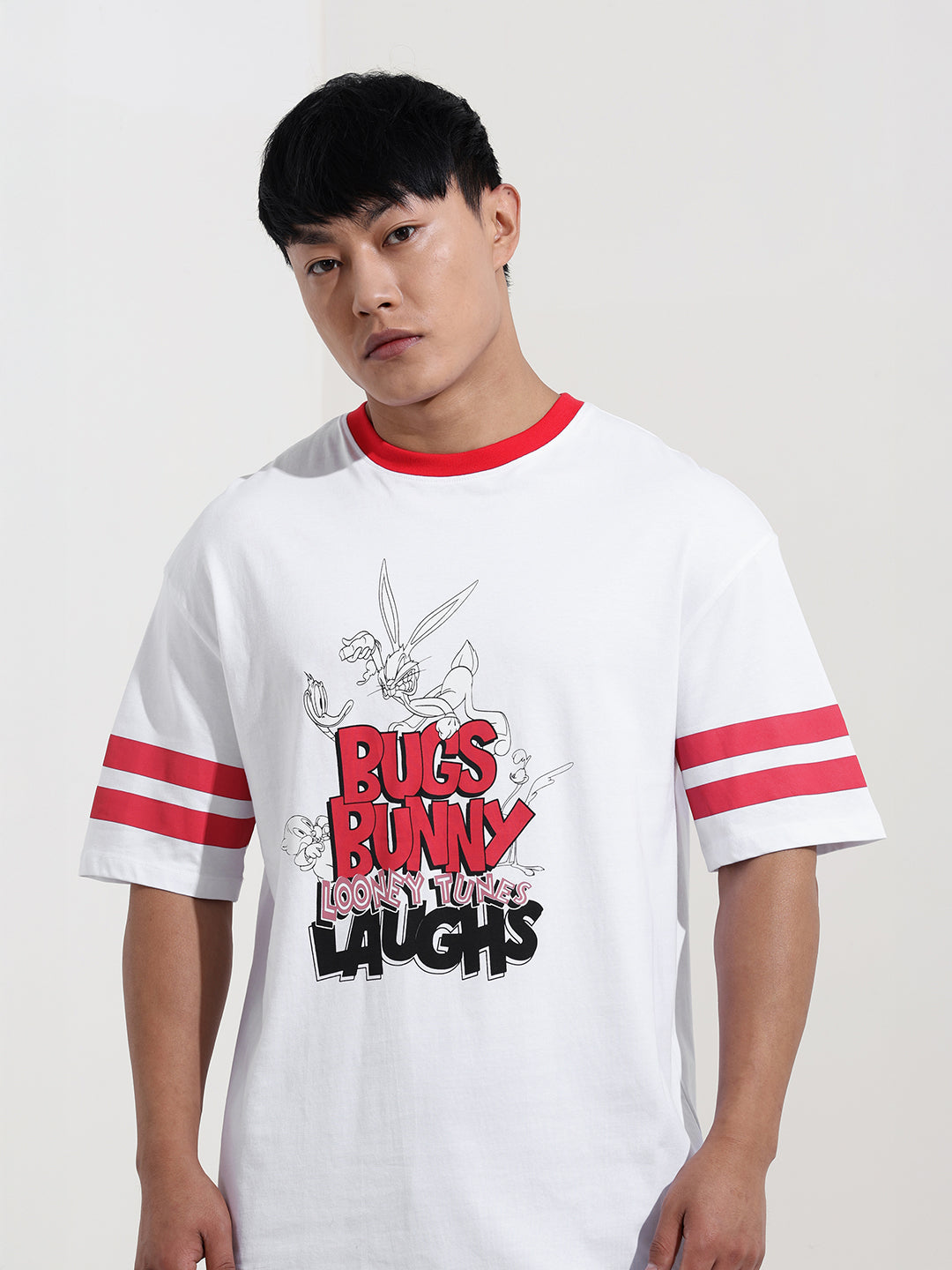 Men's White Boxy Fit Character Bugs Bunny Printed Crew Neck T-Shirt