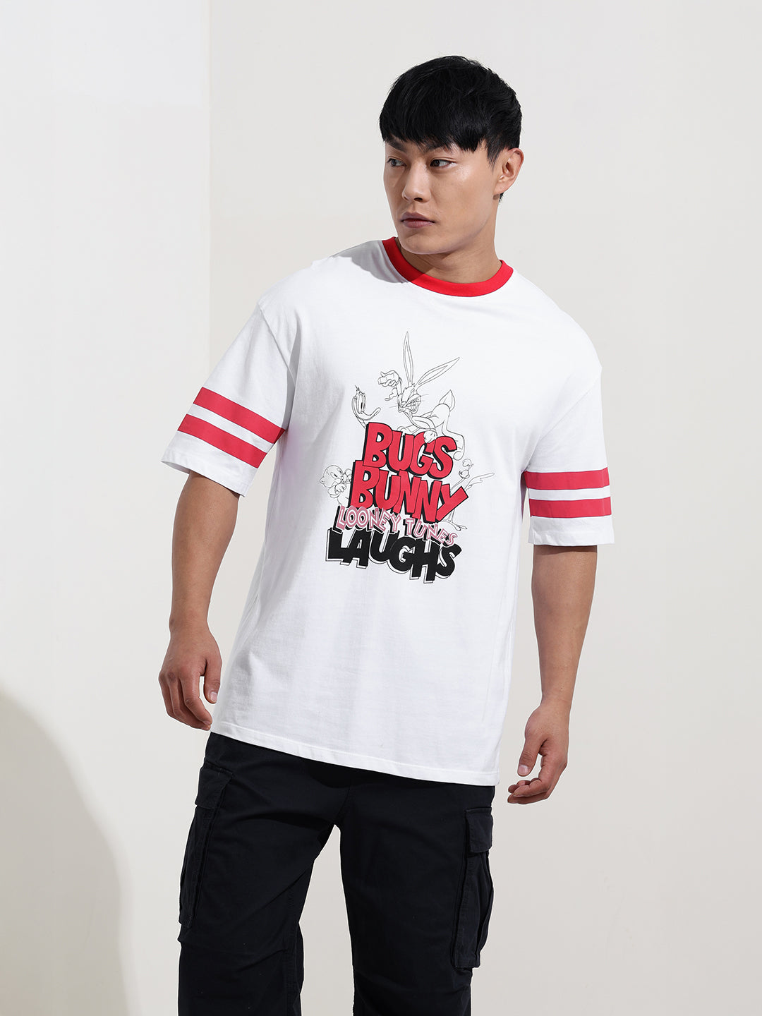 Men's White Boxy Fit Character Bugs Bunny Printed Crew Neck T-Shirt
