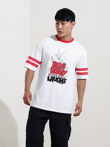 Men's White Boxy Fit Character Bugs Bunny Printed Crew Neck T-Shirt
